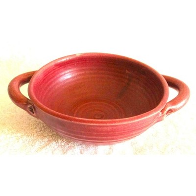 Handmade Studio Pottery Small Bowl w/Handles Red Brown Glazed Stoneware Signed
