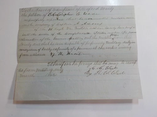 Civil War Confederate Document 1862 10th Virginia Militia Disease Signature VTG
