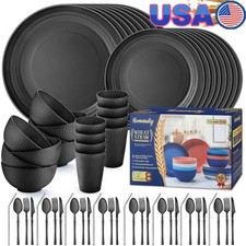 Wheat Straw Dinnerware Set 48pcs Lightweight Reusable Picnic Camping Kitchen New