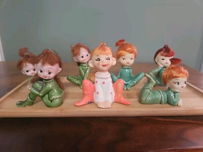 Vintage Pixie Elves With Red Hair National Potteries 3  Japan 1950 s Set of 7