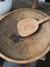 Antique Primitive Old Farmhouse Kitchen Wood Dough Bowl W/  Hooked Butter Paddle