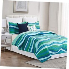 Deep Blue Sea Waves Twin 2 Piece Quilt Set with 1 Sham Twin 2 Piece Set Aqua