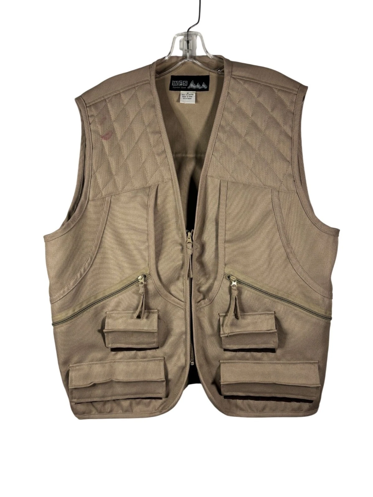 Large Multi-Pocket Beige Fishing Hunting Vest Quilted Shoulders and Front Zipper