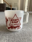 Vtg 50sAnchor Hocking Wyatt Earp US Marshal Cup Mug Milk Glass w Red 3" Tall