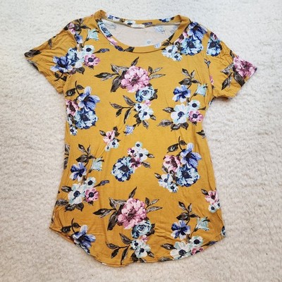 Luna Short Sleeve Tunic Tops L Yellow Floral Boho Stretch Summer Loose Fit Flowy