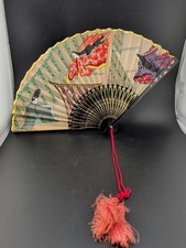 Vintage Japanese Hand Painted Bamboo  Fabric Folding Hand fan