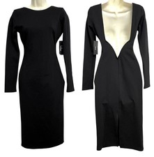 Lulus Dress Womens Medium Black Back V Plunge Bodycon Midi Cocktail Party New
