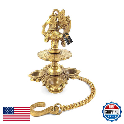 Two Moustaches Handmade Peacock Design 4 Oil Wick Brass Hanging Diya For Home