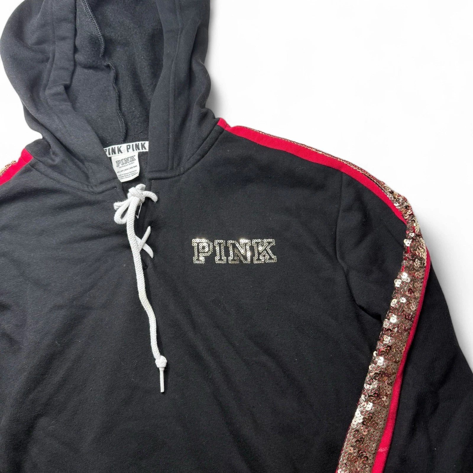 UNDERCOVER Felpa con cappuccio e paillettes Victoria Secret LOVE PINK nera rossa oro rosa Taglia XS