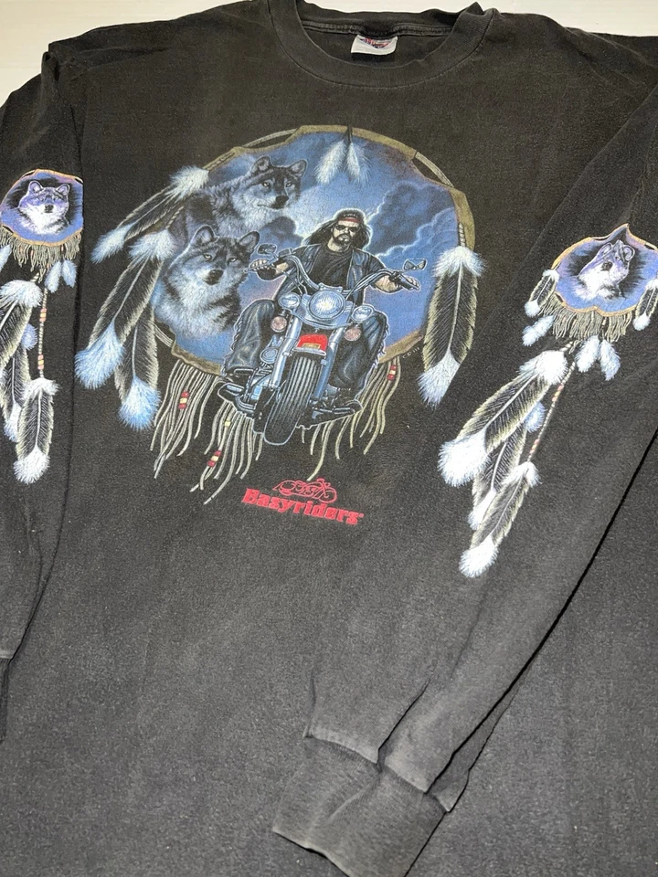 Vintage 90s Easyriders Wolf Biker Shirt Hanes 2XL Long Sleeve Motorcycle Tee - Image 2 of 4