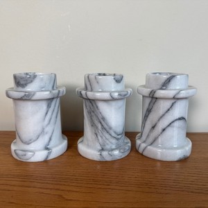 Vintage Grey Veined White Marble Taper Candle Holders Set of 3 Brutalist Stone