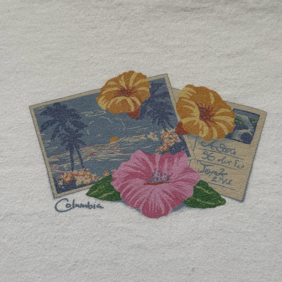 Camisa Columbia Vintage Mujer XL Blanca Floral Gráfico Hibisco Camiseta Foto 3 de 4