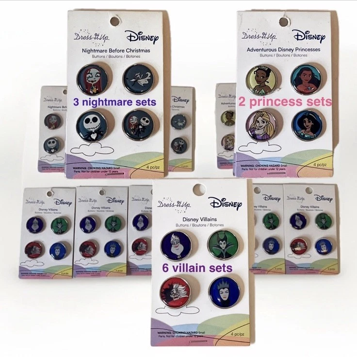 11 Sets Disney Buttons Dress It Up Princess, Villain, Nightmare