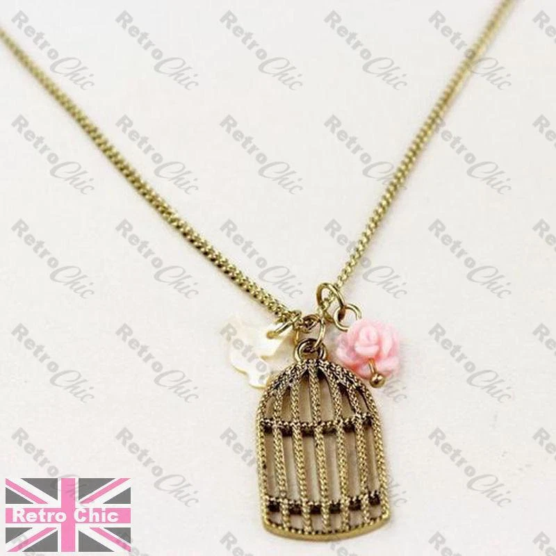 COLLAR CON ENCANTO JAULA DE PÁJAROS rosa rosa cabina mop cadena corta DE COLECCIÓN ORO PLT jaula Foto 3 de 4