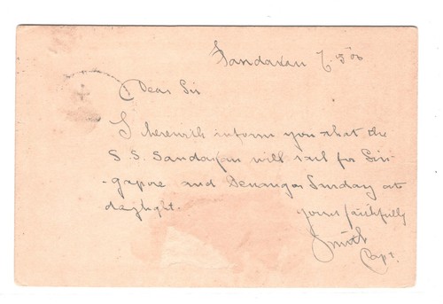 NORTH BORNEO QV *Harbourmaster* Card 4c/8c SURCHARGE 1900 CDS Message SHIP KA47 - Picture 8 of 10