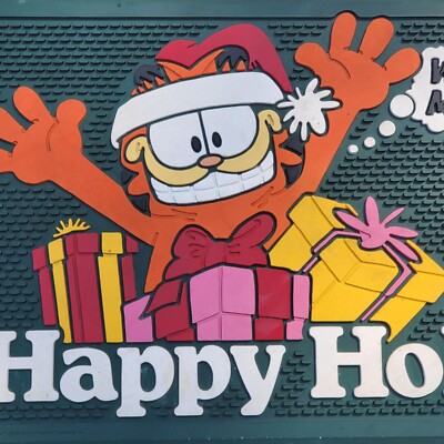 Vintage Garfield Cat Holiday Green Rubber Door Mat Happy Holidays