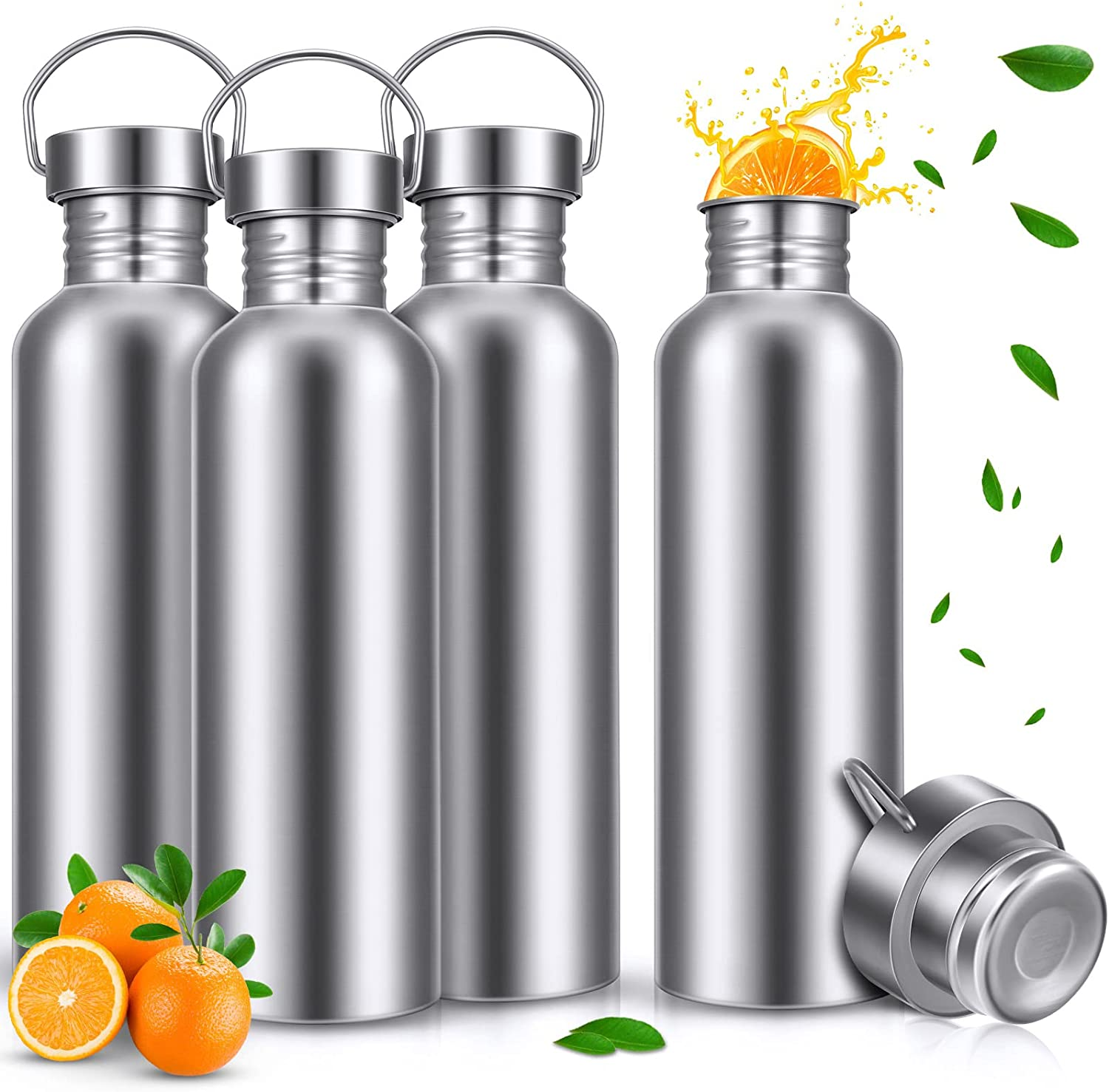 4 Pack Uninsulated Single Walled Stainless Steel Sports Water Bottle