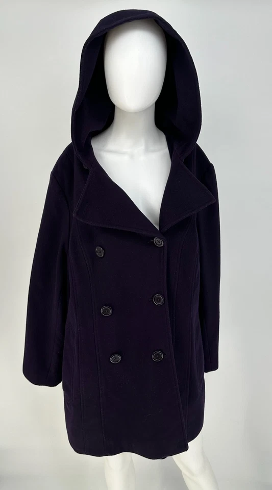 Anne Klein Mujer 2X Lana Cachemira Capucha Doble Pecho Chaquetón Púrpura Foto 2 de 4