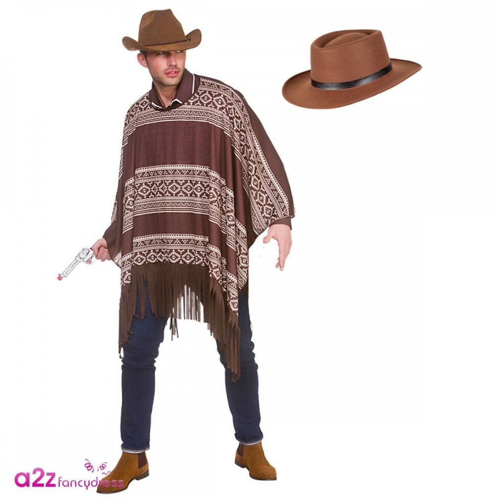 Mens Western Cowboy Poncho + Gunslinger Hat Wandering Gunman Adult Fancy Dress