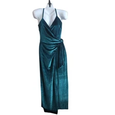 Boohoo Metallic Teal Velvet Wrap Maxi Dress-10-Vneck-Glam-Holiday-Romantic-Goth