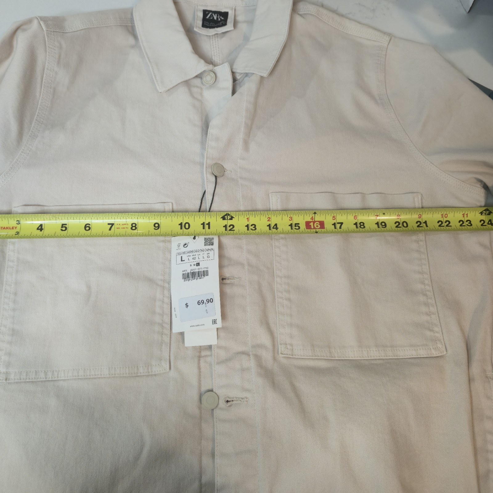 Zara Jacket Mens S Small Beige Denim Button Up Long Sleeve Collared Light Wash thumbnail 7