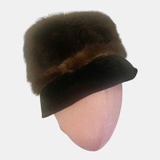 Womens Vintage Cloche Fur Hat Dark Brown Fur Mink Trim Velvet Band 6.5  Crown