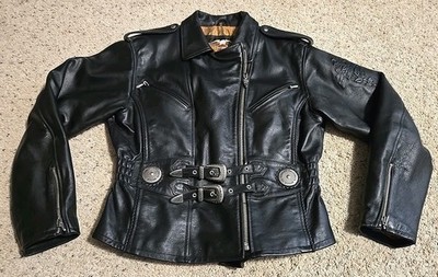Cool Womens M Harley Davidson Motorcycle Black Leather Jacket w/ 2 Belts