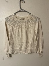 LOFT Textured Cotton Sweater Size XS Open Knit Ivory Pullover