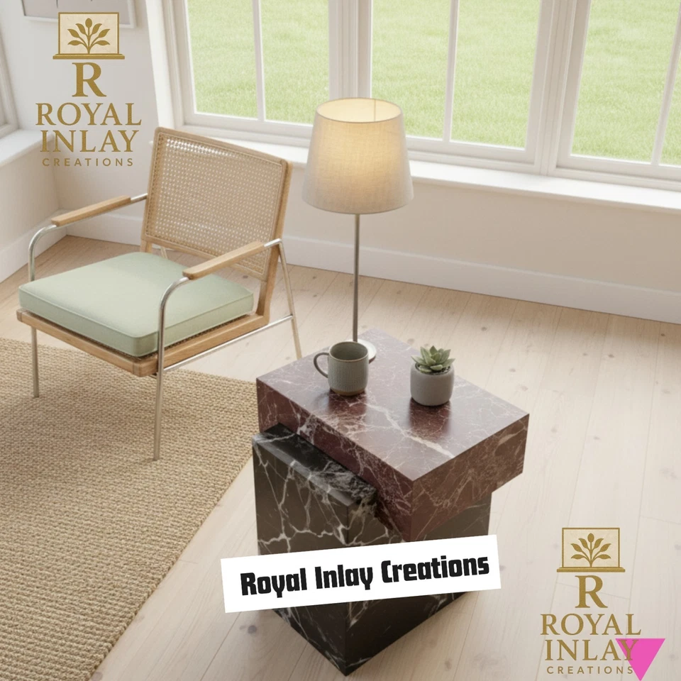 Serene & Modern Marble Side Table - Calacatta & Rosso Levanto Marble End Table - Image 4 of 4