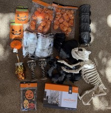 Large Halloween Decor Lot Skeleton Dog, Mugs, 4 Spiders, Webs, Treat Eggs  Bags