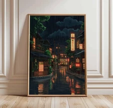 Rainy Night in Japanese Alley Poster, Street Lanterns and Reflections, Urban Art