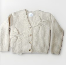 Zara Kids Ivory V-Neck Cardigan Sweater w/Knitted Bow Accents Size 9-10