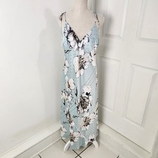 Victorias Secret Nightgown L Blue Flowers Satin Long Slip Dress Tie Straps