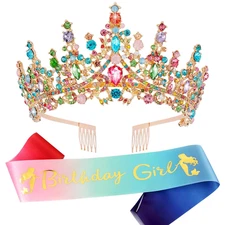 Rainbow Color Crystal Birthday Tiara Crowns for Women Girls Elegant Princess Cro