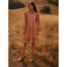 DOEN Moore Terracotta Puff Sleeve Ruffle Victorian Mini Dress Cottagecore Medium