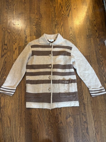 Courrèges, Vintage Courreges Cardigan 9R Brown Cream Stripe 100% Wool Boiled Knit Japan