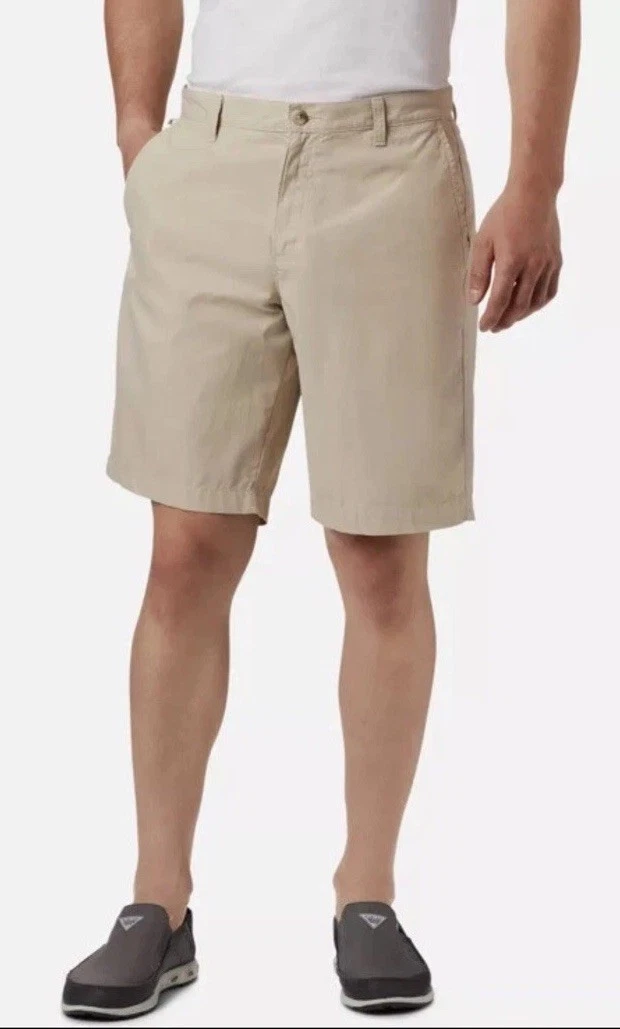 Columbia PFG Mens Bonehead Cotton Beige Flat Front Fishing Performance Shorts