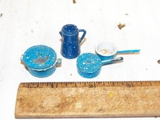 Vintage Dollhouse Miniature Blue Enamel Splatterware Pots  Pans
