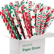 Biodegradable Paper Straws - 100-Pack, 7.75 Inches, Stripe, Red, Green, Dot, Bul