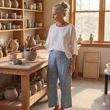 Bryn Walker 100 Linen Pants Medium Blue Chambray Denim Look Lagenlook Relaxed