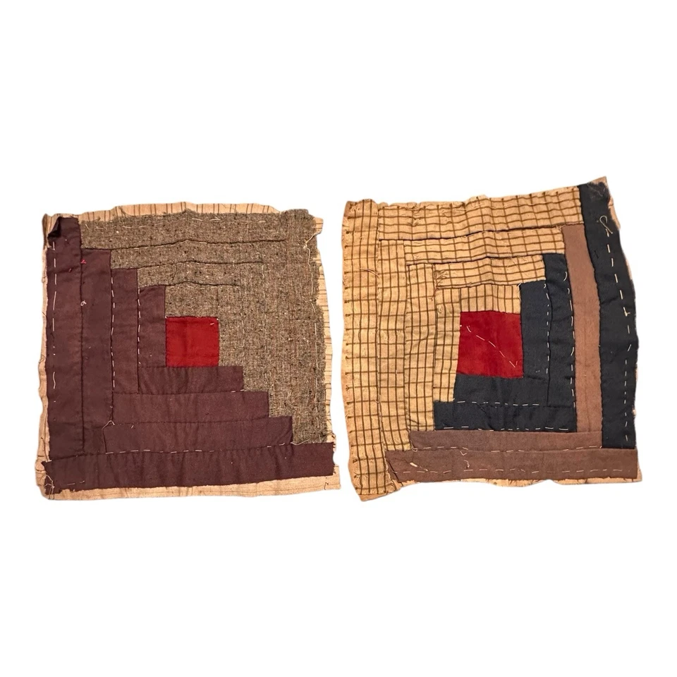 2 Vintage Cutter Quilt Pieces 13” x 13” Each Log Cabin Early Fabrics - Image 2 of 4