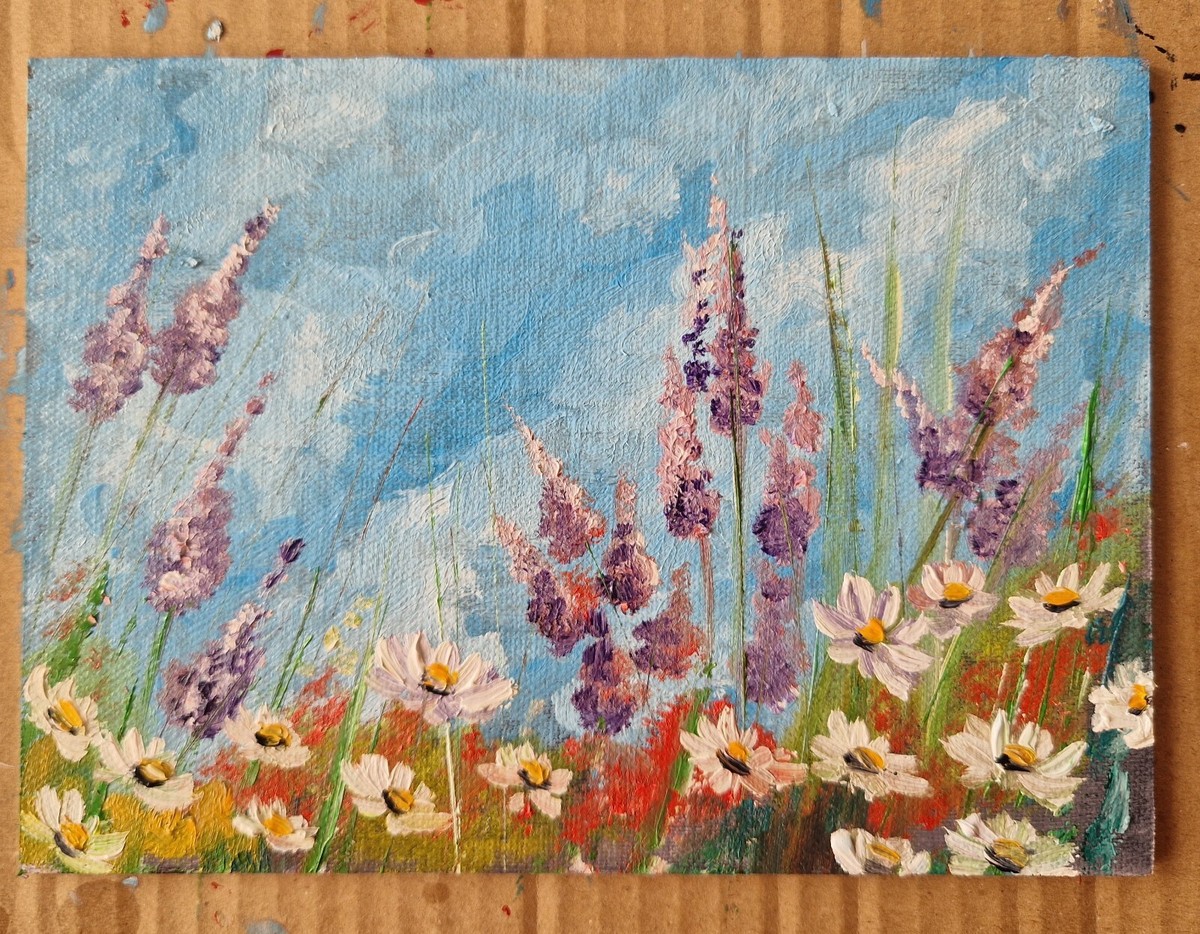 Original oil painting flowers meadow vivid color painting