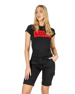 Neu besticktes Damen-T-Shirt Love Slogan Kappe Ärmel Rundausschnitt Top