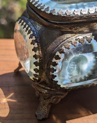 Antique Victorian Era Metal & Beveled Glass Jewelry Casket Case