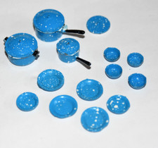 Vintage Dollhouse Miniature Blue Speckled Enamelware Pots Pans Lids plates bowls