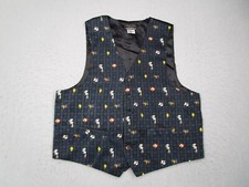 Vintage Looney Tunes Vest Men Small Green Tartan Plaid Silk Button Up AOP 90s