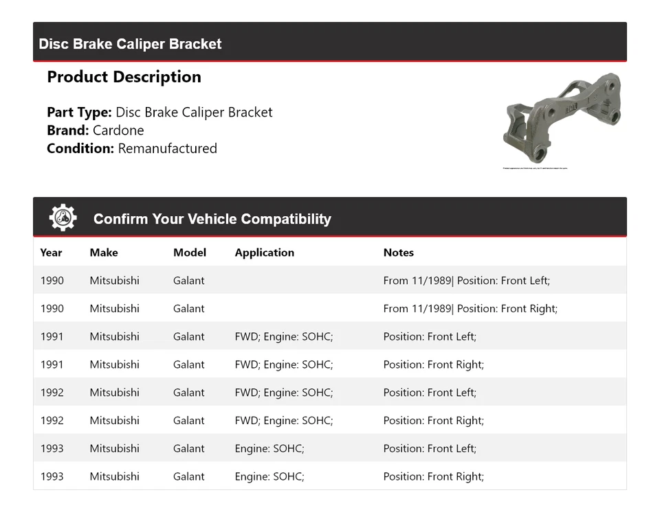 Soporte pinza freno disco cardone 1991 1992 para Mitsubishi Galant 1990-1993 Foto 2 de 4