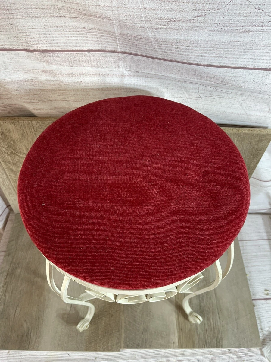Vintage Wrought Iron Stool Vanity Chair Fabric Top Red White
