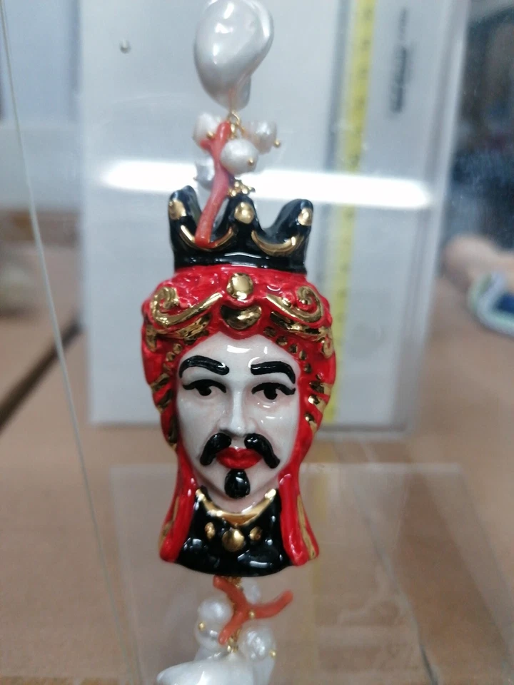 Collana Ceramica lunga, testa di moro, perle corallo, 7fili quarzo argento cm45 - Immagine 2 di 4