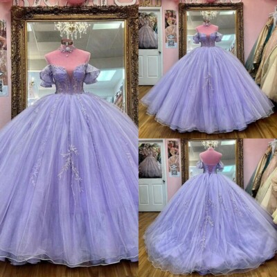 Quinceanera Dresses Crystal Applique Beaded Lavender Prom Ball Gowns Sweet 15 16
